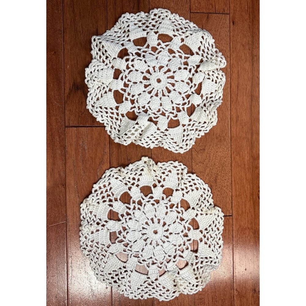 Handmade Crochet Doilies 2 Cream 8" Round Intricate Lace Design Vintage Home Déc